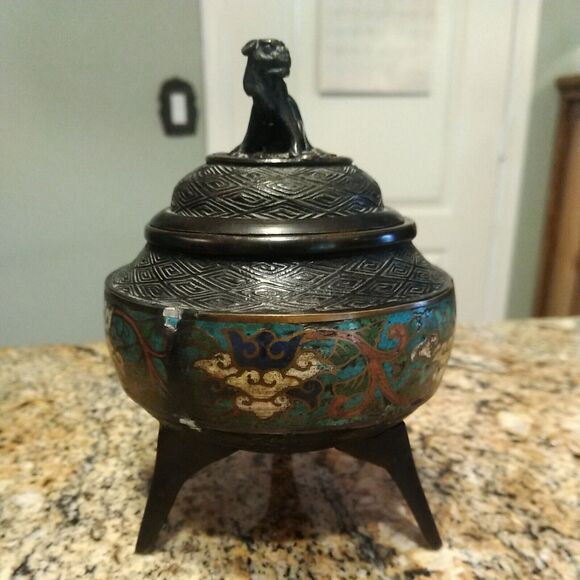 Antique Chinese Cloisonné Enamel Bronze Dynasty Handle Incense Burner Censer Foo - Picture 7 of 12
